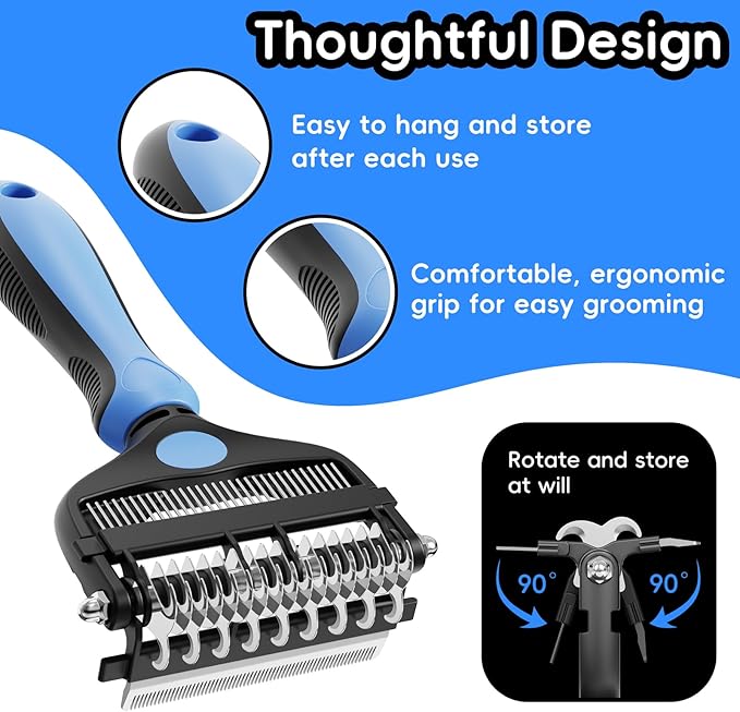 3-in-1 Pet Deshedding Tool – Grooming Brush for Dogs & Cats with Undercoat Rake & Dematting Comb (Blue)-PawvioPets