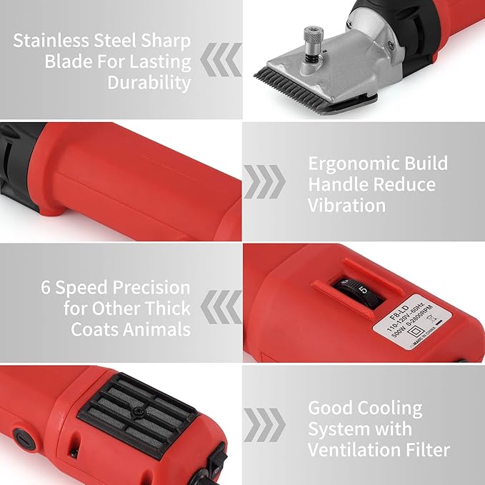 DUCKBOY Heavy Duty Clippers for Thick Coats Animals, 500W Professional Electric Shearing Machine for Horse Pony Cattle and Large Dogs Livestocks Grooming, 6 Speed & 2 Detachable Shearing Blades-PawvioPets