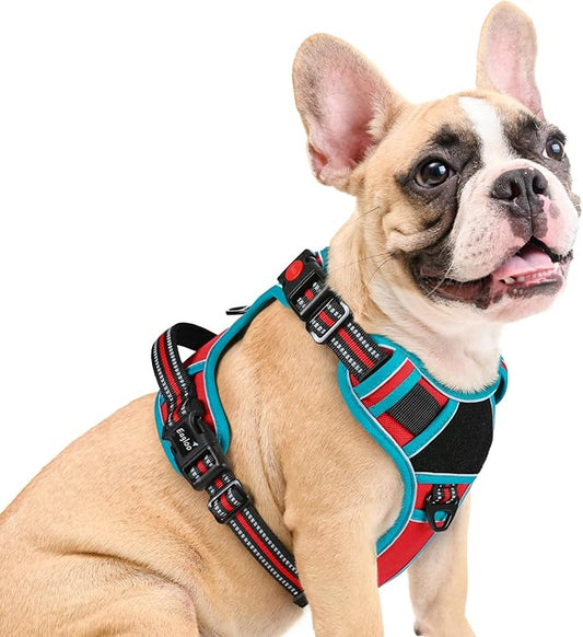 Eagloo Dog Harness Medium Sized, Easy Wearing with 3 Buckles, Adjustable No Pull Pet Harness with 2 Rings for Walking, No Chock Reflective Soft Padded Vest with Control Handle, Red & Teal, M-PawvioPets
