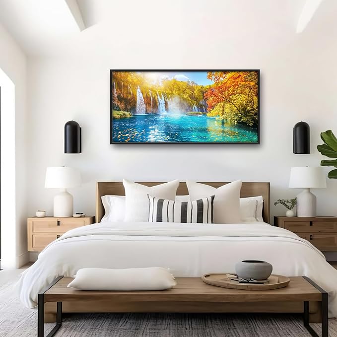 Extra Large Waterfall Lake Framed Wall Art for Living Room,Oversized Fall Autumn Tree Landscape Pictures Wall Decor,Nature Canvas Print Painting Modern Artwork Bedroom Office Bathroom 60L" x 30W"-PawvioPets