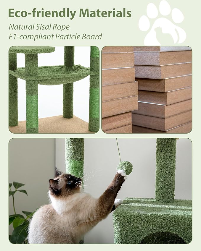 Cactus Cat Tree for Large Cats with Metal Plush Big Hammock, 56.3" Cat Tower for Indoor Cats with 2 Door Condo House, 6-Tier Cat Shelves with Scratching Posts and Large Top Perch,Green-PawvioPets