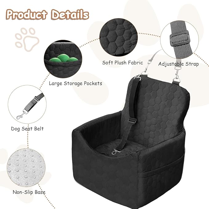 Dog Car Seat for Small/Medium Dogs - Dog Booster Seat with Safety Straps & Non-Slip Base, Travel Pet Car Seat with Storage Pockets, Washable & Removable, Suitable for Dogs Under 35 lbs (Black)-PawvioPets