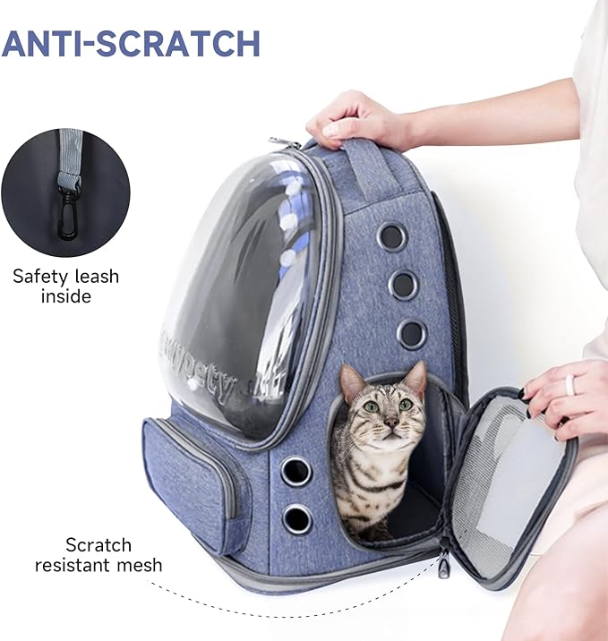 Cat Backpack Carrier, Breathable Cat Carrier Large Space Bubble Pet Backpack for Kitty Small Dog up to 12lbs, Transparent & Foldable Pet Carrier for Travel Hiking (Blue-PawvioPets