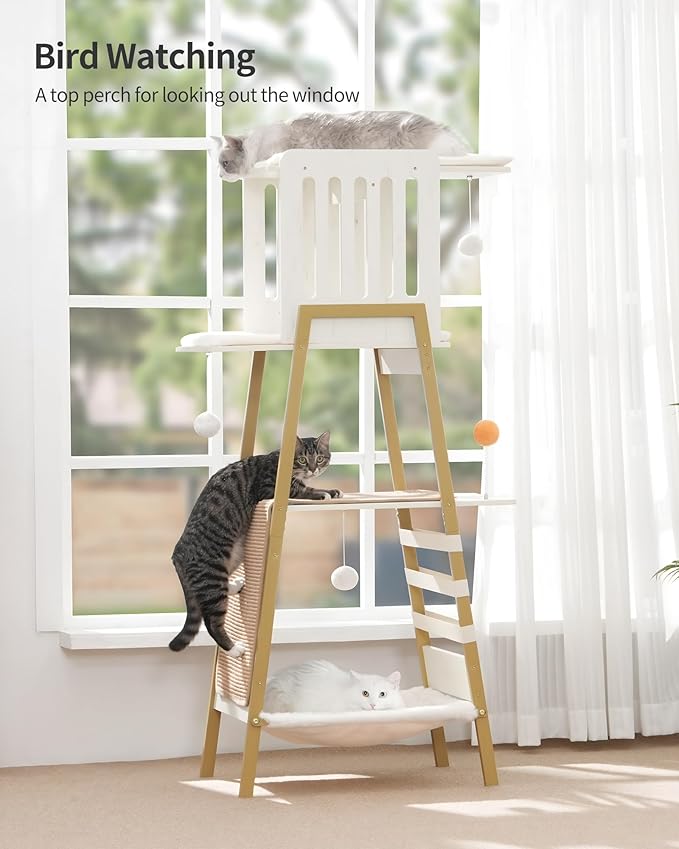 FourFurPets Modern Cat Tree, 58-Inch Cat Tower for Large Cats, Maine Coon Cat Tree with Scratching Board, Large Perch, Hammock and Removable Pads, White-PawvioPets