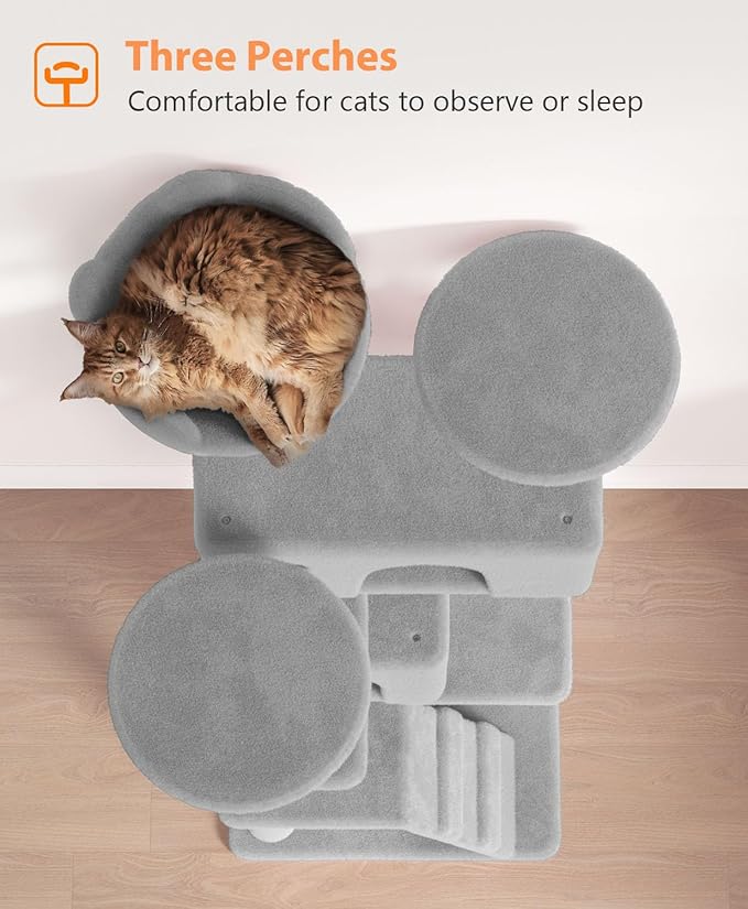 77'' Cat tree Tower for Indoor Cats Large Adult,Cute/Tall Modern Cat Tree for Big Cats 20 lbs,Plush Multi-Level Cat Condo with Scratching Posts,Dangling Ball for fun play(Light Gray, 77 inch)-PawvioPets
