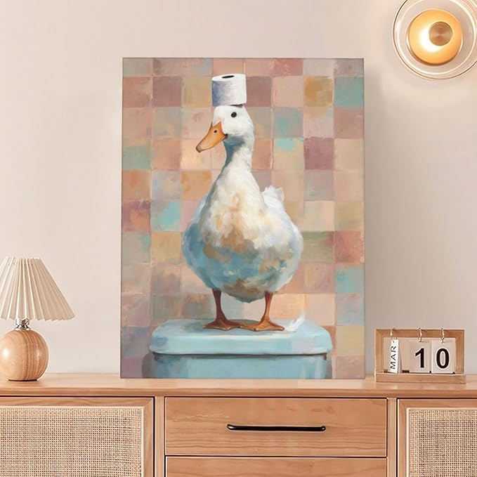Funny Duck Bathroom Wall Art Cute Duck on Toilet Canvas Wall Decor Funny Quirky Farm Animal Pictures Painting Print Framed Artwork Decorations Gifts for Bathroom 12"x16"-PawvioPets
