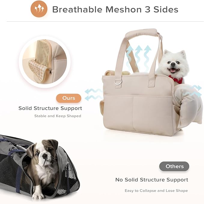 Dog Purse Carrier for Small Dogs, Soft Soft Sided Folding Dog Carriers for Small Dogs Medium Cats Puppies up to 15 Lbs, Washable Breathable Puppy Carrier for Outdoor Travel (Large Beige)-PawvioPets
