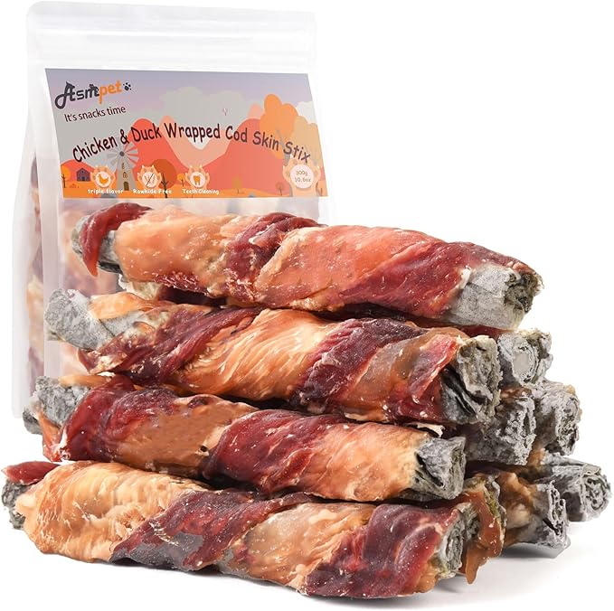 ASMPET Dog Treats Chews, Chicken & Duck Wrapped Cod Skin Sticks, Rawhide Free Cod Skin Treats for Dogs 10.6 oz-PawvioPets
