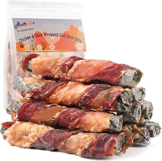 ASMPET Dog Treats Chews, Chicken & Duck Wrapped Cod Skin Sticks, Rawhide Free Cod Skin Treats for Dogs 10.6 oz-PawvioPets