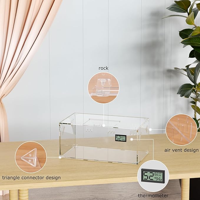 Acrylic Tarantula Enclosure, Reptile Terrarium Breeding Tank w/Temperature Hygrometer,Habitat Reptiles Feeding Box Isopod Terrarium Cage for Insect Lizard Home Office (Reptile-Tank-S(No Tray))-PawvioPets