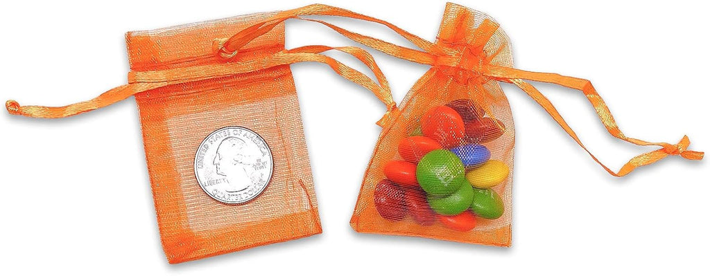 TheDisplayGuys 100-Pack XS 2 x 2 3/4" Orange Sheer Organza Gift Bags with Drawstring, Jewelry Halloween Candy Treat Wedding Party Favors Mesh Pouch