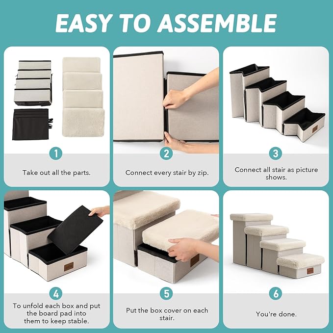 Dog Stair for Small Dogs with Storage, 21" H Foldable Pet Step with Soft Cover, Older Cat Ramp for High Bed or Car, Lightweight, Comfort, 39.7x13x21.2 inch, 5 Tiers, Beige-PawvioPets