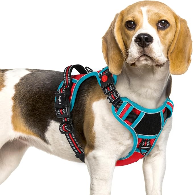 Eagloo Dog Harness Small Sized, Easy Wearing with 3 Buckles, Adjustable No Pull Pet Harness with 2 Rings for Walking, No Chock Reflective Soft Padded Vest with Control Handle, Red & Teal, S-PawvioPets