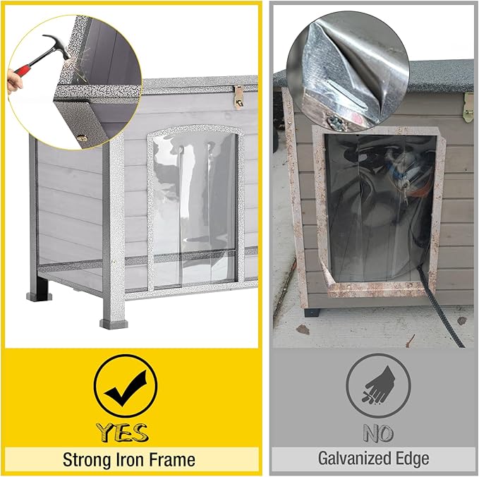 Aivituvin Dog House with Insulated Liner, Outdoor Indoor Weatherproof Dog House for Winter, Suitable for Small & Medium & Large Dogs with Unique All-Around Iron Frame(Grey)-PawvioPets