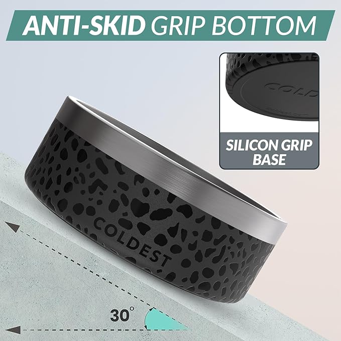 Coldest Dog Bowl - Anti Rust Metal, Non Slip, 3 Layers Insulated Stainless Steel Dog Bowls - Spill Proof & Heavy Duty - Water Bowl for Dogs, Cats & Pets, Dish Washer Safe (64 oz, Black Leopard)-PawvioPets