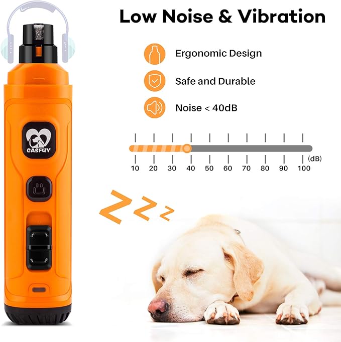 Casfuy Dog Nail Grinder with 2 LED Light - New Version 2-Speed Powerful Electric Pet Nail Trimmer Professional Quiet Painless Paws Grooming & Smoothing for Small Medium Large Dogs and Cats (Orange)-PawvioPets