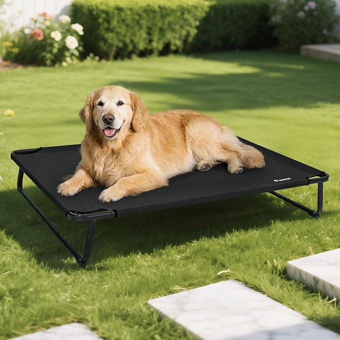 Cooling Elevated Dog Bed, Raised Outdoor Dog Bed Waterproof Pet Beds Cots Stable and Easy Assembly, Teslin Fabric with 1.2mm Thick Iron Frame, Breathable, Ultra-Sturdy，Black, 42 * 28 * 7.9-PawvioPets