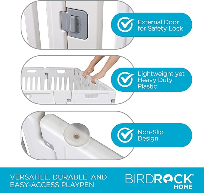 BIRDROCK HOME Pet Playpen with Door | 12 Panel | Strong Plastic | Puppy Safety Fence Pen Playpen | Non-Slip and Secure Dog Gate | White-PawvioPets