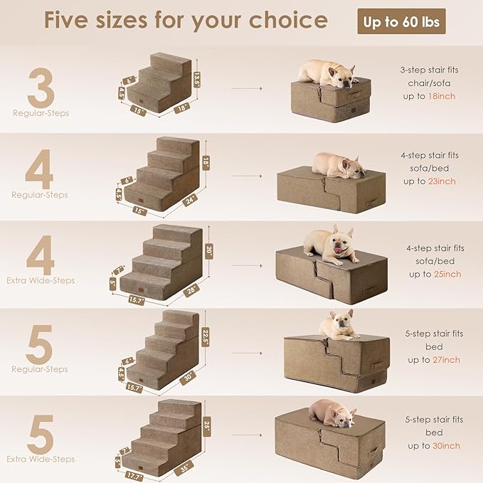 EHEYCIGA Dog Stairs for High Bed 25" H, 5-Step Extra Wide Dog Steps for Bed, Pet Steps for Small Dogs and Cats, Non-Slip Balanced Pet Ramp Indoor, Camel-PawvioPets