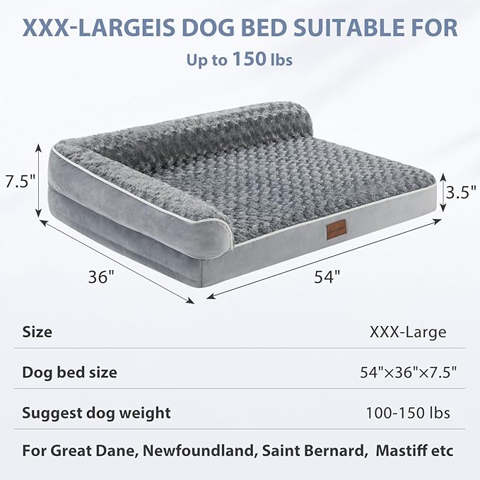 BFPETHOME Orthopedic Dog Bed for Extra Large Dogs-Big Waterproof Sofa Dog Bed with Removable Washable Cover, Large Pet Bed with Waterproof Lining and Nonskid Bottom,Pet Bed for Large Dogs, Grey-PawvioPets