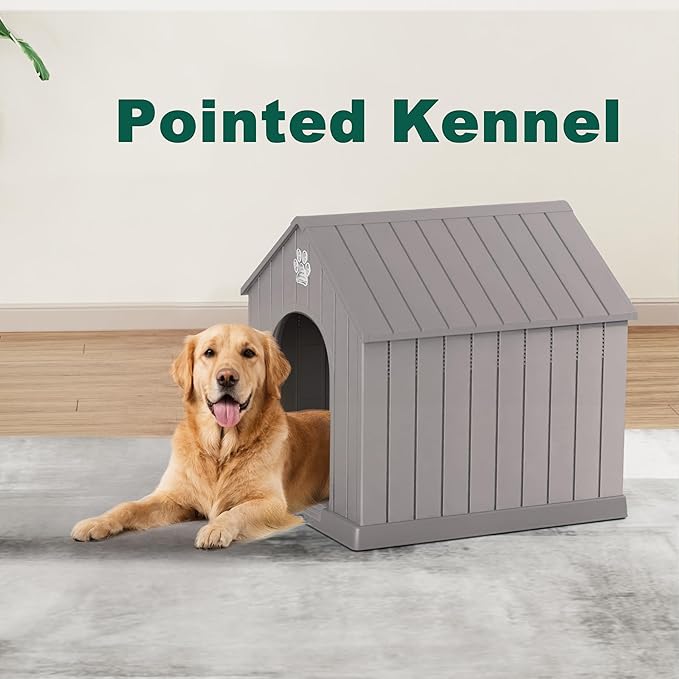 DRATO Indoor Outdoor Waterproof Dog House,PP Material,Puppy Shelter with Air Vents and Elevated Floor,Sturdy Dog Kennel for Small to Large Sized Dogs, Easy to Assemble (Gray, 38.62×36.26×38.07 Inches)-PawvioPets