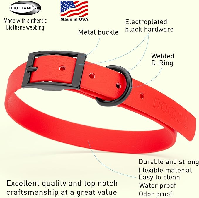 Dogline Biothane Waterproof Dog Collar Strong Coated Nylon Webbing with Black Hardware Odor- Proof for Easy Care Easy to Clean High Performance Fits Small Medium or Large Dogs, Cherry Red-PawvioPets