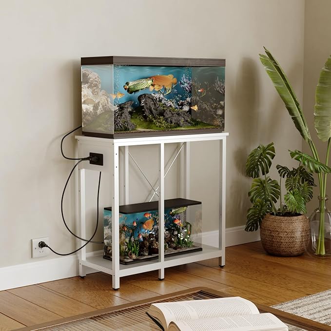 20-29 Gallon Fish Tank Stand with Power Outlet & LED Light, Metal Aquarium Stand with 3 Tier Adjustable Storage Shelves, Tank Stand for Reptile Tank, Turtle Tank, 30.7" L*13.8" W, White-PawvioPets