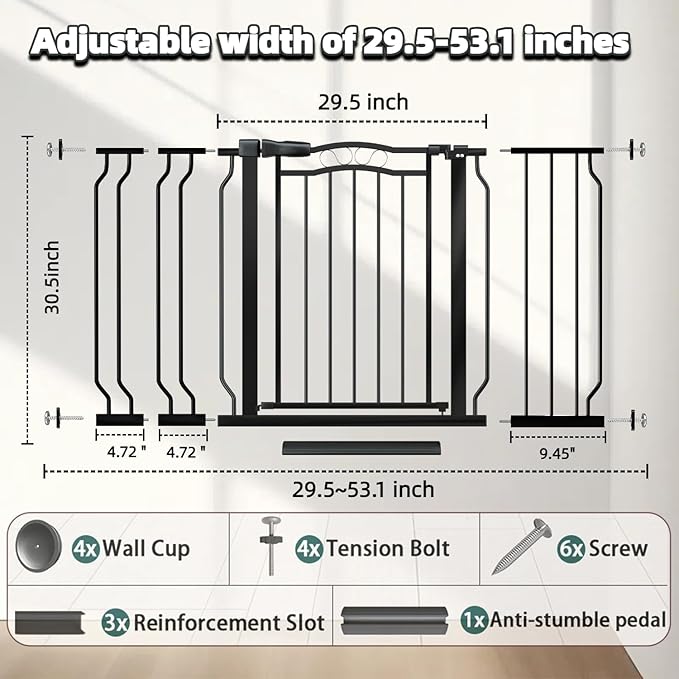 Baby Gate for Stairs 29.53"-53.1" Extra Wide, Pressure Mounted Dog Gate Indoor, Walk Thru Pet Gate for Cat Dog Child,Pet Gates for The House Doorway Black-PawvioPets
