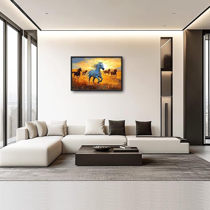 Framed Large Horse Wall Art for Living Room, Oversized Running Horses Wall Decor, Sunset Field Landscape Canvas Painting Home Decoration for Living Room Bedroom Dining Room Office 36"x24"-PawvioPets