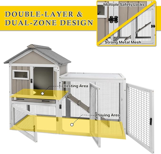 47''L Rabbit Hutch Outdoor Chicken Coop with Run, Wooden Indoor 2 Story Bunny House with Waterproof Roof, Pull Out Tray, Guinea Pig Rabbit Duck Cage for Small to Medium Animals and Pet Lover, Gray-PawvioPets