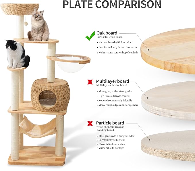 59" Big Modern Cat Tree Tower, Cat Tower Sisal-Covered Scratching Posts for Indoor Cats, Oak Wood Cat Tree for Large Cats, Multi-Level Cat Condo with Space Capsule Nest, Cat Furniture Activity Centre-PawvioPets