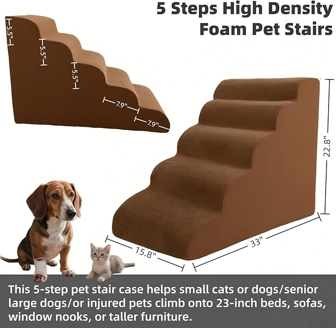 5 Step Pet Stairs Ramp for High Beds Sofas 5-30 Inch with Sturdy Non Slip Waterproof Pads, Machine Washable Cover Indoor Balanced Design for Cats Dogs Small Medium Large XL Pets Grey (Brown, Large, 1)-PawvioPets