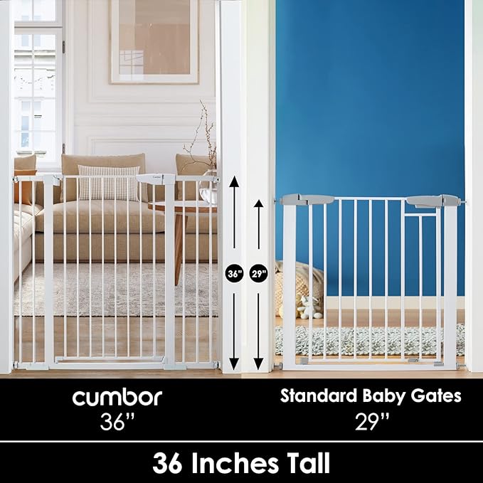 Cumbor 36" Extra Tall Baby Gate for Dogs and Kids with Wide 2-Way Door, 29.7"- 46" Width, and Auto Close Personal Safety for Babies and Pets, Fits Doorways, Stairs, and Entryways, White-PawvioPets