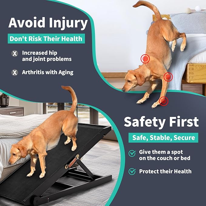 Dog Ramp for Bed, Adjustable Pet Ramps for Dog to Get on Bed, Non-Slip Rubber Surface - Folding Wooden Dog Ramp for Small/Large/Old Dogs, Adjustable up to 19.5 inch High Beds-PawvioPets