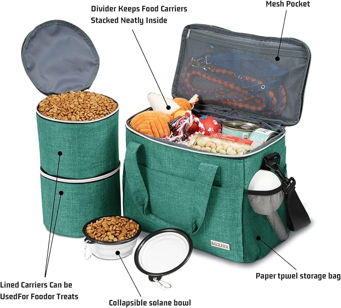 BAGLHER Dog Travel Bag Backpack Pet Supplies Backpack Pet Accessories Storage Bag 5-Piece Set with Shoulder Strap 2 Lined Pet Food Containers 4 Foldable Feeding Bowls Essential Kit for Pet Travel-PawvioPets