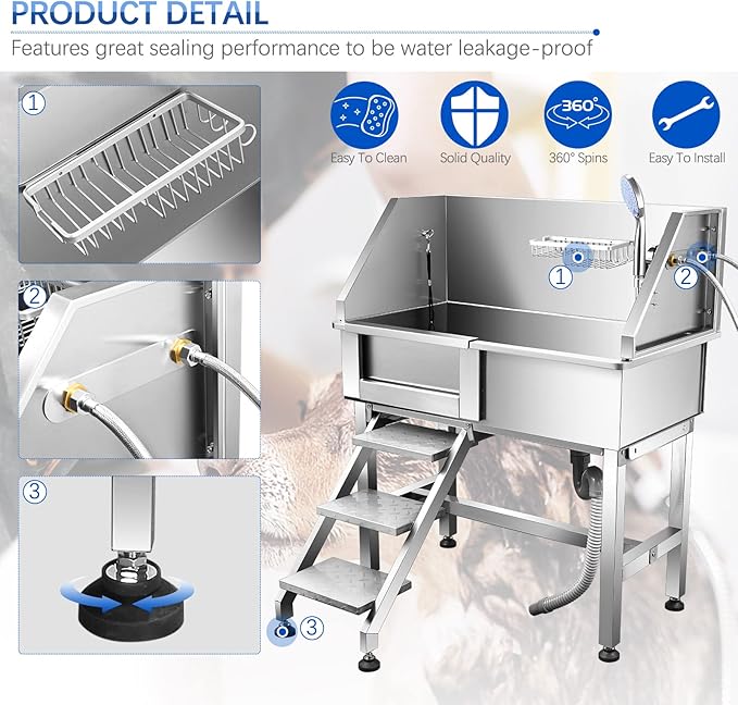 Dog Bath Tub 34'' Small Dogs, Pet Grooming Bahtub Home Washing Station for Small Pets Stainless Steel with Sliding Doors, Left Steps-PawvioPets