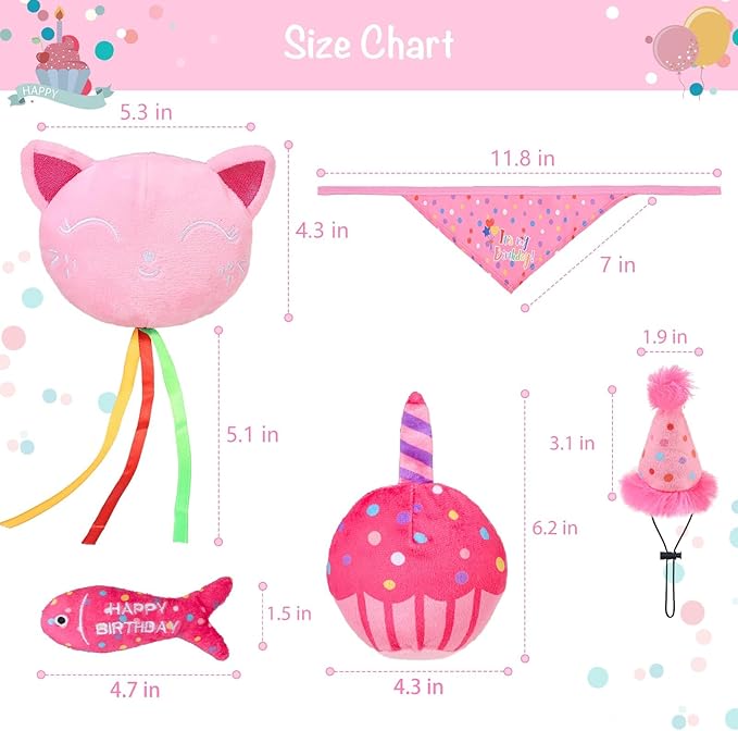 BINGPET Catnip Toys for Indoor Cats, Cat Birthday Hat and Interactive Plush Kitten Chew Toys - Cute Cake, Fish, Balloon Toys with Crinkle Paper and Catnip Inside Pink-PawvioPets