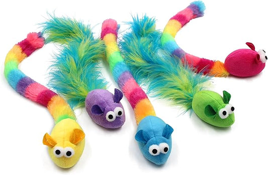 5 Pack Interactive Catnip and Feather Cat Toys, Multi-Colored Mice with Long Feather Tail, Accessories for Indoor Cat, Catnip Plush Toys with Natural Feathers and Rattles-PawvioPets
