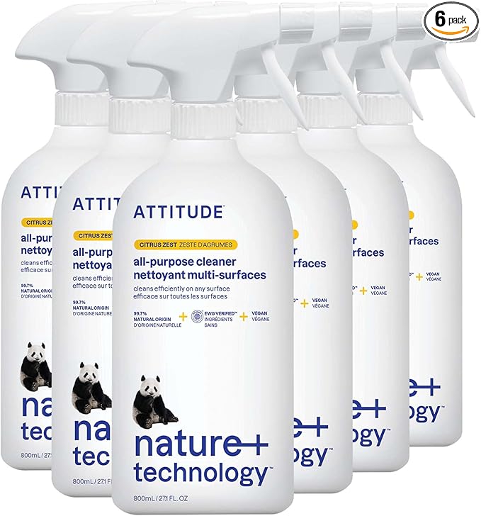 ATTITUDE All Purpose Cleaner Spray, EWG Verified, Vegan, Made with 94% Plant-Based Ingredients, Streak-Free for Kitchen, Bathroom, Glass & More, Citrus Zest Scent, 27.1 Fl Oz (Pack of 6)-PawvioPets