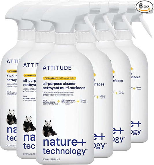 ATTITUDE All Purpose Cleaner Spray, EWG Verified, Vegan, Made with 94% Plant-Based Ingredients, Streak-Free for Kitchen, Bathroom, Glass & More, Citrus Zest Scent, 27.1 Fl Oz (Pack of 6)-PawvioPets