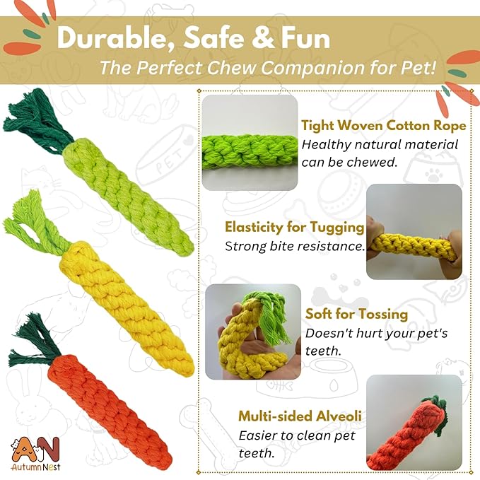 3PCS Mixed Color Woven Pet Rope Toys (Yellow, Green, Orange), Chew Toys for Dogs & Cats, Safe & Durable Braided Rope Toys for Pets-PawvioPets