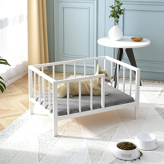 Dog Bed with Rails - Elevated Pet Metal Bed Frame with Solid Wood Board and Washable Soft Mat for Small Dog Indoor or Outdoor Use, 21.3" x 30 ", White-PawvioPets