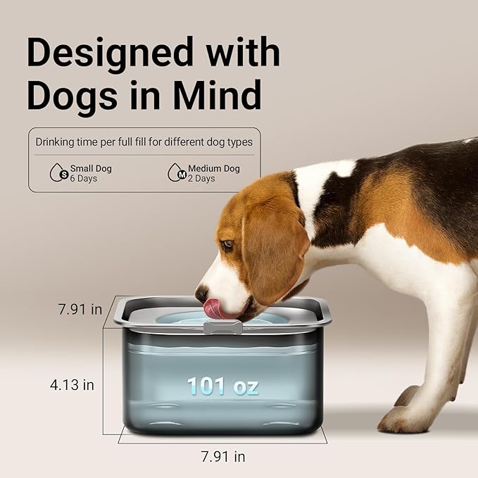 DownyPaws No Spill Water Bowl for Dogs,101oz/3L Slobber Stopper Stainless Steel, Slow Drinking Dog Water Bowl, No Mess Dog Water Dispenser Spill Proof, Dishwasher Safe, Black-PawvioPets