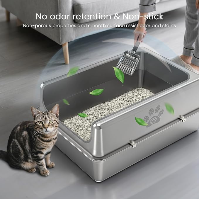 Enclosed Stainless Steel Cat Litter Box with Lid, Oversize Metal Litter Box for Multi Cats, XXXL Supersize Cat Toilet with High Side, Non-Stick, Anti-Leakage, Odorless, with Litter Mat & Litter Scoop-PawvioPets