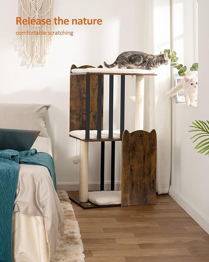 FourFurPets 43.8in 3-Tier Modern Cat Tree Tower Condo, Cat Scratch Posts for Indoor Cats, Big Plate, Two 19.7in Full Sisal Scratching Posts, Rustic Brown-PawvioPets