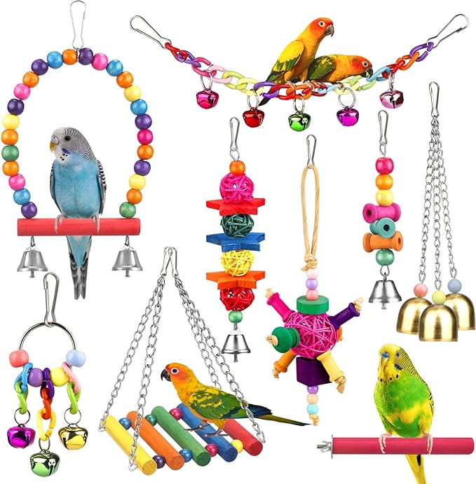 Bird Toys for Conures with Colorful Ladder Hammock Bird Cage Accerious Bird Perch Stand Chewing Toys Hanging Bell for Parrot Parakeet Cockatiel Lovebirds-PawvioPets