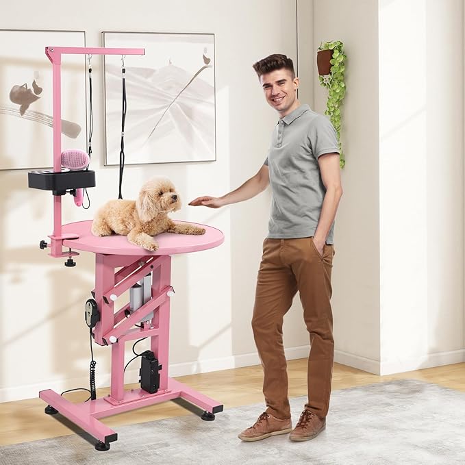 Electric Hydraulic Lift Pet Dog Grooming Table, 24Inch Grooming Desktop for Small Dogs, with Overhead Arm, Wireless Remote, Tool Organizer, Pink-PawvioPets