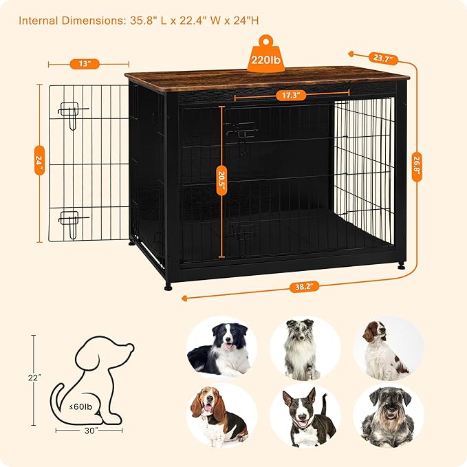 DWANTON Dog Crate Furniture with Cushion, Wooden Kennel Table with Double Doors, Indoor Dog House, Large Size, 38.5" L, Black+Rustic Brown-PawvioPets