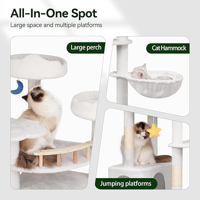 85in Tall Cat Tower for Heavy Duty Big Cats, Large Cat Tree with Scratching Post, Plush Perches, Cozy Cat Condos & Hanging Hammocks for Maine Coon, White-PawvioPets