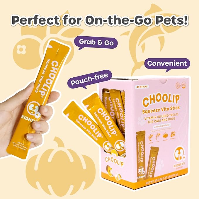 Grab & Go Squeeze Vita Stick Lickable Treats for Dogs & Cats. 49 Kidney Support Sticks with Essential multivitamins. Soft and Tasty Paste for All Life Stages, Supporting Kidney Health-PawvioPets
